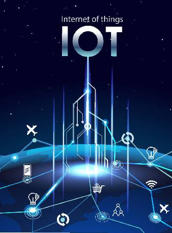 تصویری از مفهوم اینترنت اشیا (IoT) که شامل دستگاه‌ها و سیستم‌های متصل به هم در یک شبکه دیجیتال گسترده است. پس‌زمینه تصویر نمایی از زمین با خطوط نورانی نشان‌دهنده ارتباطات است.